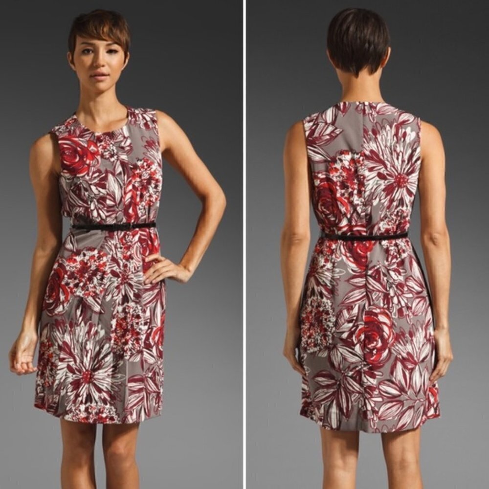 Trina Turk Red Floral Sleeveless A-Line Dress with Black Belt